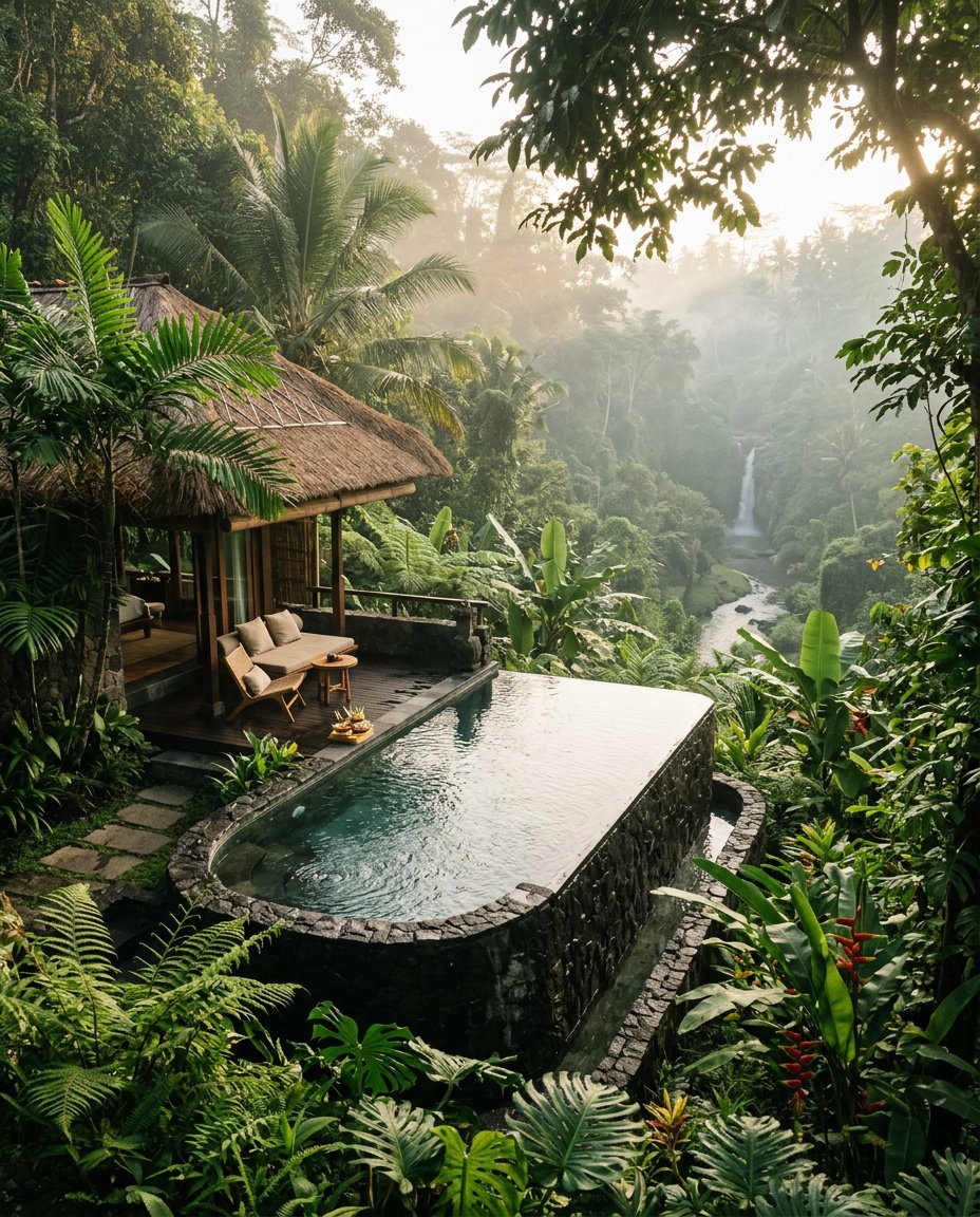 A private pool surrounded by jungle in Bali