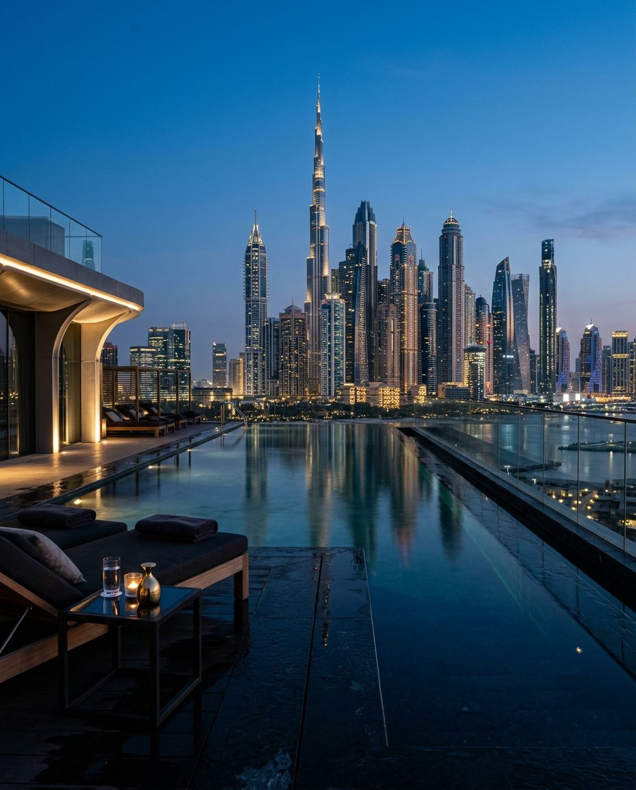 A rooftop infinity pool overlooking Dubai at blue hour