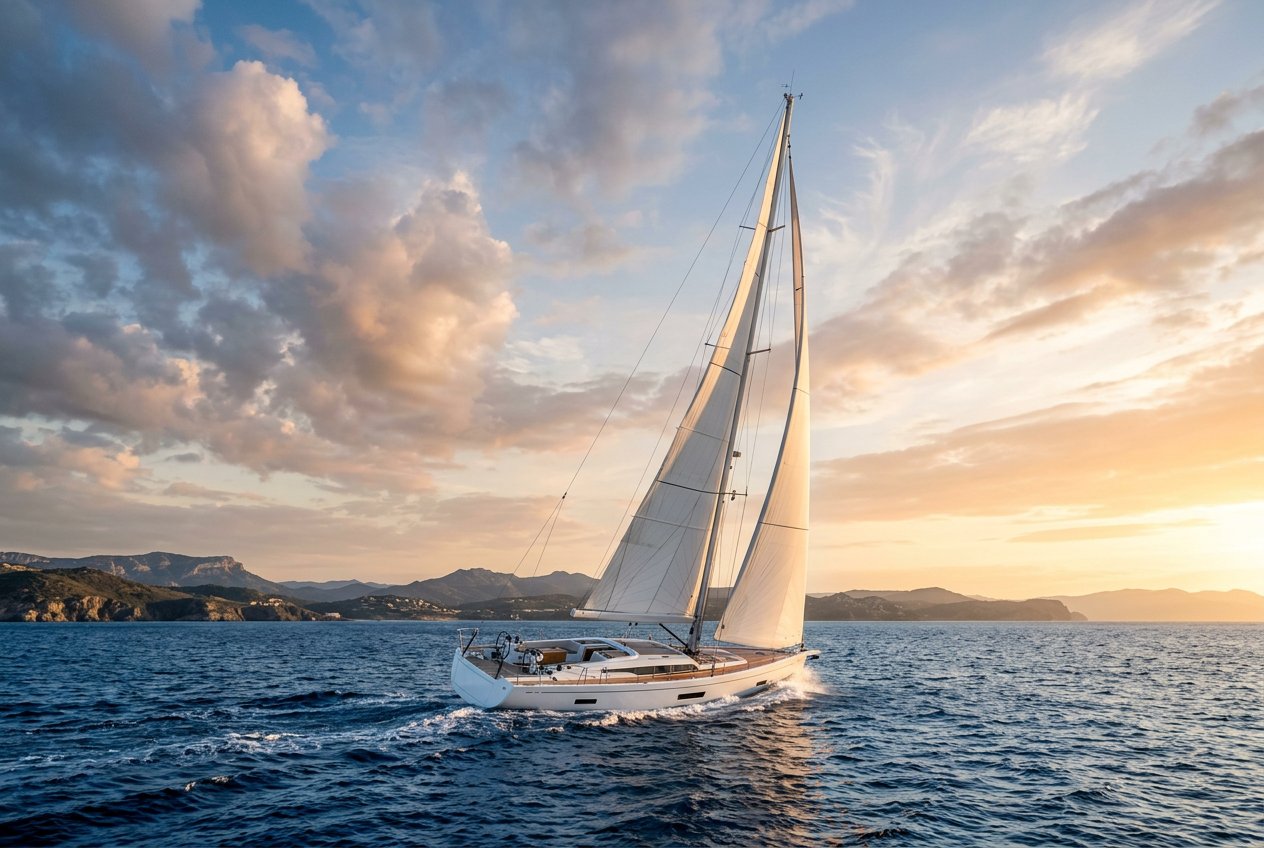 A sailing yacht moving through the Mediterranean at sunrise