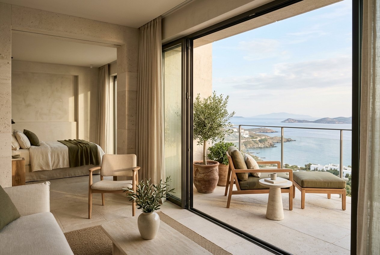 A quiet limestone hotel suite opening onto a sea view