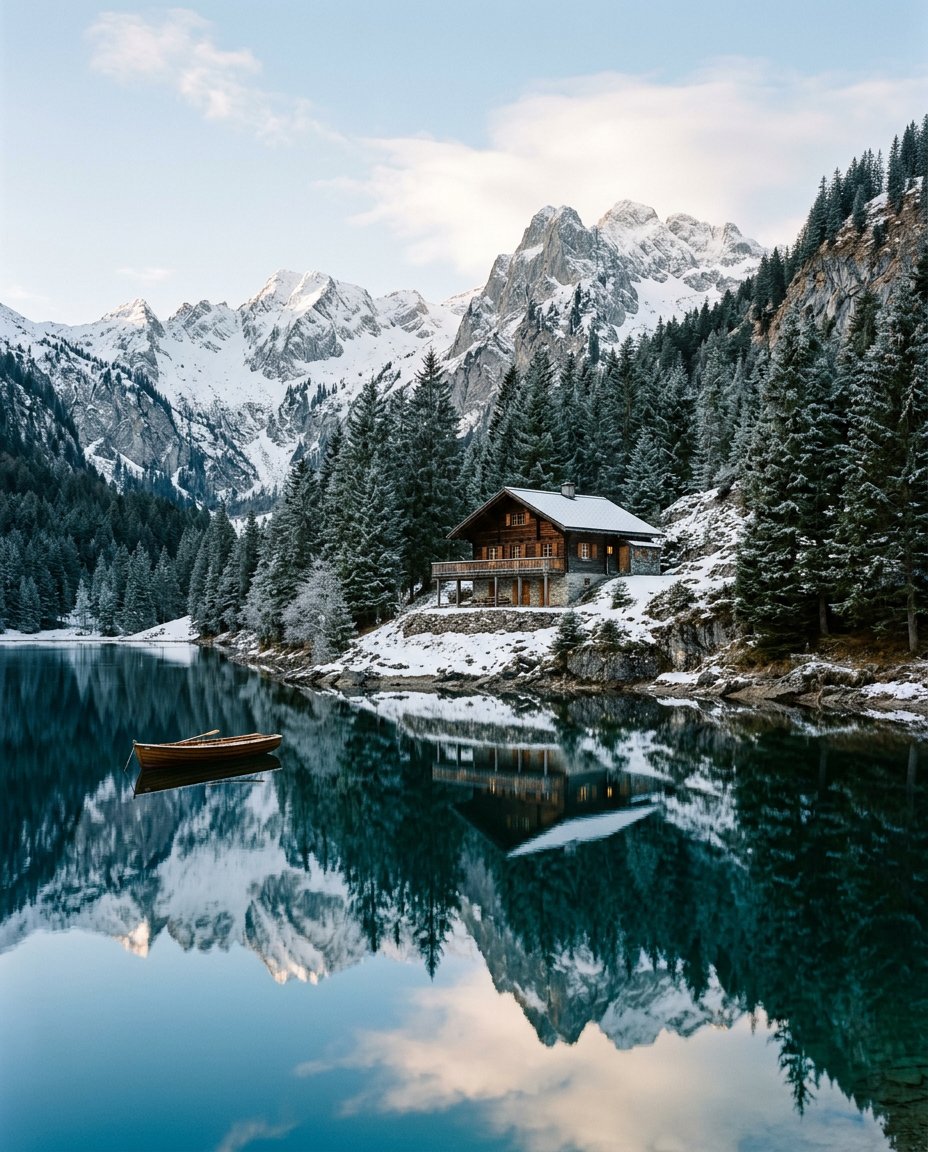 A wooden chalet beside a mountain lake in Switzerland